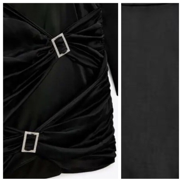 NWT. Zara Black Satin Effect Mini Dress with Rhinestone Appliqués. Size XXL. - Picture 4 of 11